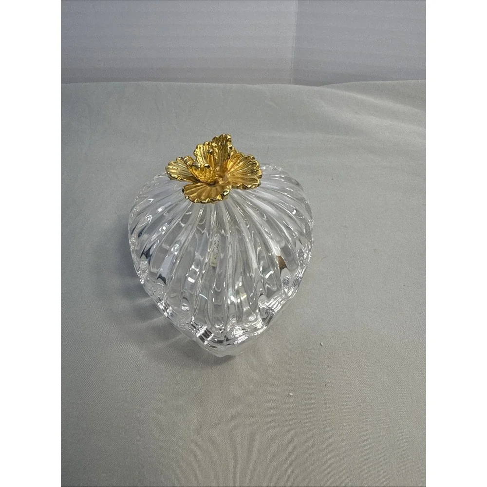 Vintage Italian Crystal Heart Shaped Jewelry Trinket Box with 3D Gold Flower